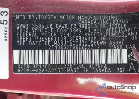 2006 Toyota Corolla Le из США, поврежденный, VIN 2T1BR32E96C657712